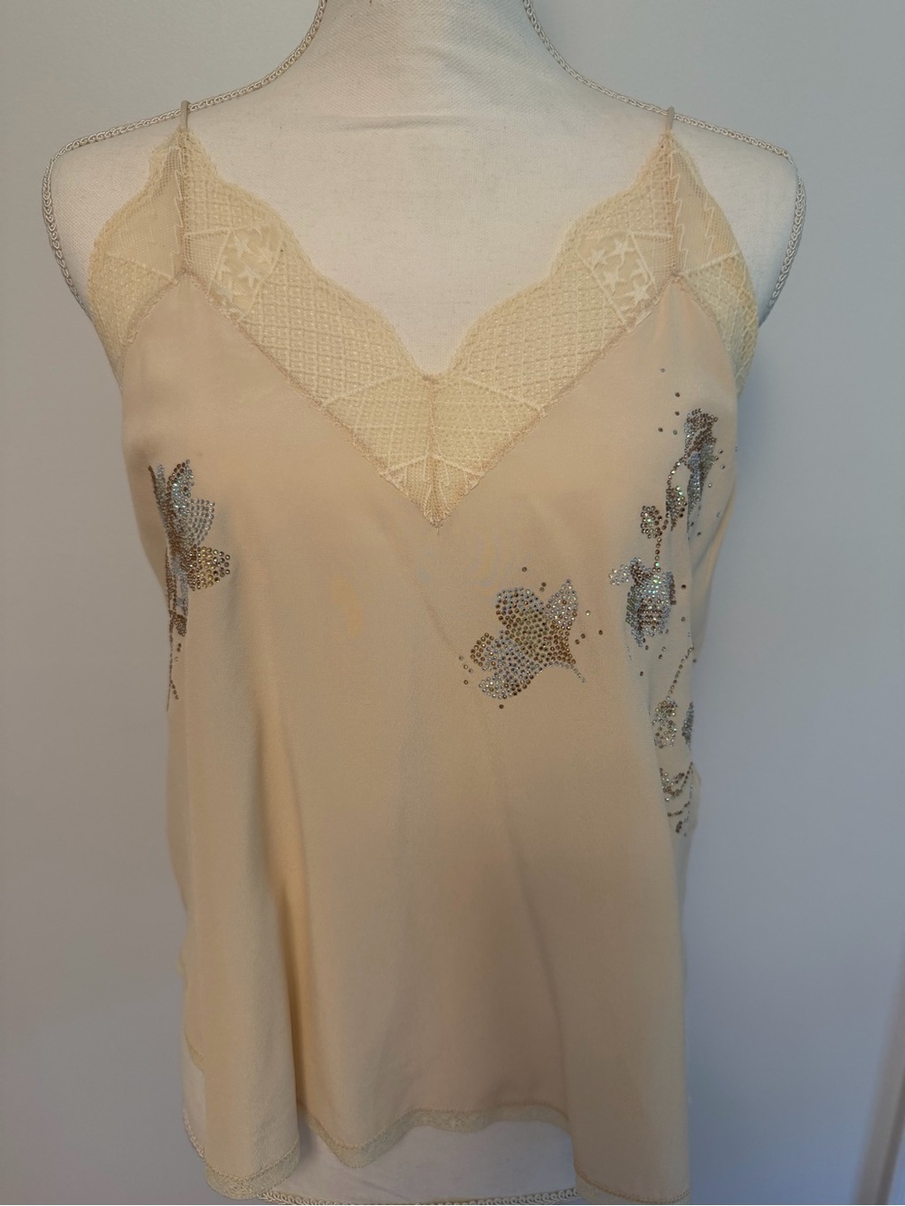 Zadig & Voltaire Christy Cream Lace-Trim silk Camisole with Sequin XS